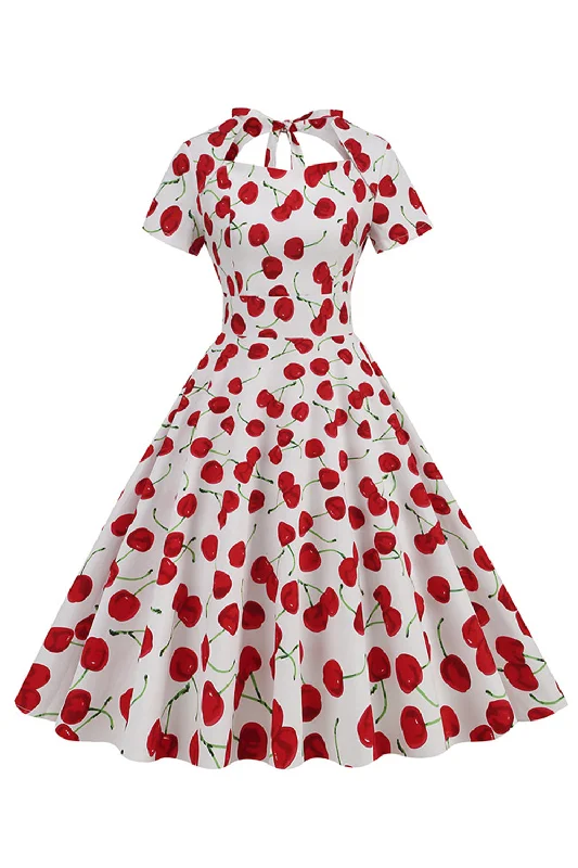 Shop Smart, Save Big!White Cherries Print Halter Vintage Dress With Short Sleeves