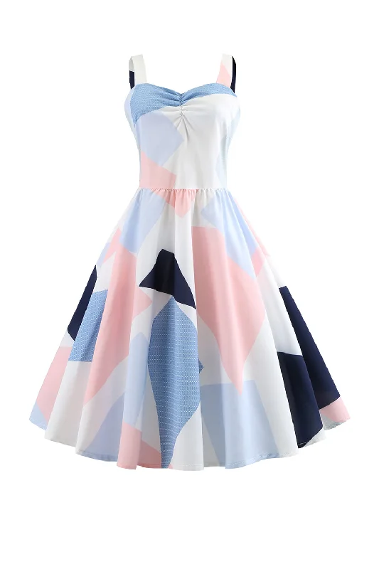Time to Save Big!White Spaghetti Straps Geometric Printed 1950s Dress