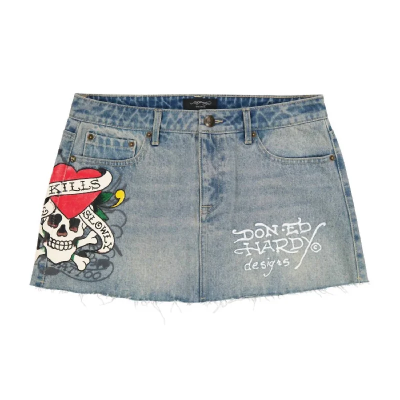 Hurry! While Supplies Last!Women's Lks Skull Denim Mini Skirt In Light Wash