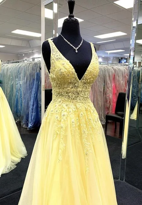 Your Dream Deal is Here!Yellow v neck tulle lace prom dress evening dress    cg20553
