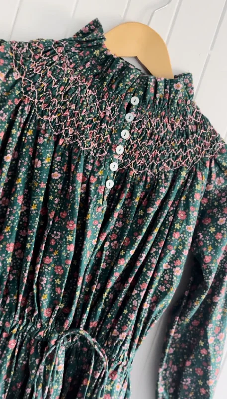 Your Discount is Waiting!100% RECYCLED COTTON - PRAIRIE DRESS DITSY FLORAL TEAL PINK POPLIN - HAND SMOCKED