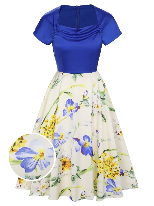 Lowest Prices Guaranteed!1950s Flowers Cowl Neck Patchwork Dress