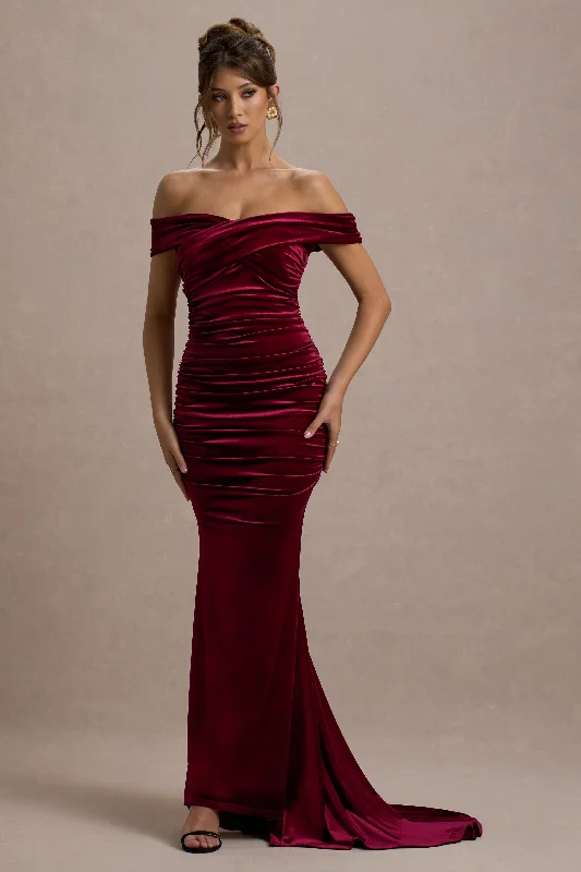 One Day Only – Huge Savings!Apolline | Berry Velvet Off The Shoulder Ruched Fishtail Maxi Dress