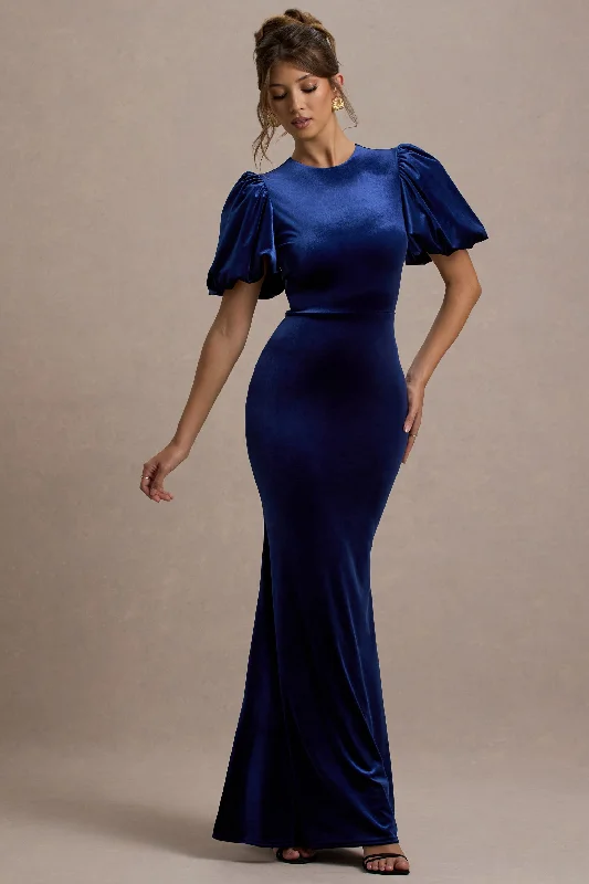 Price Drop Alert!Ashlin | Navy Velvet Puff-Sleeve Maxi Dress