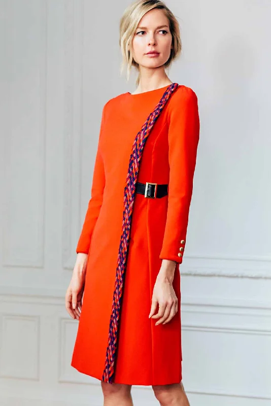 Everything Must Go!Bateau Neck Bracelet length Sleeve Dress With Woven Trim and Leather Side Buckle Closure