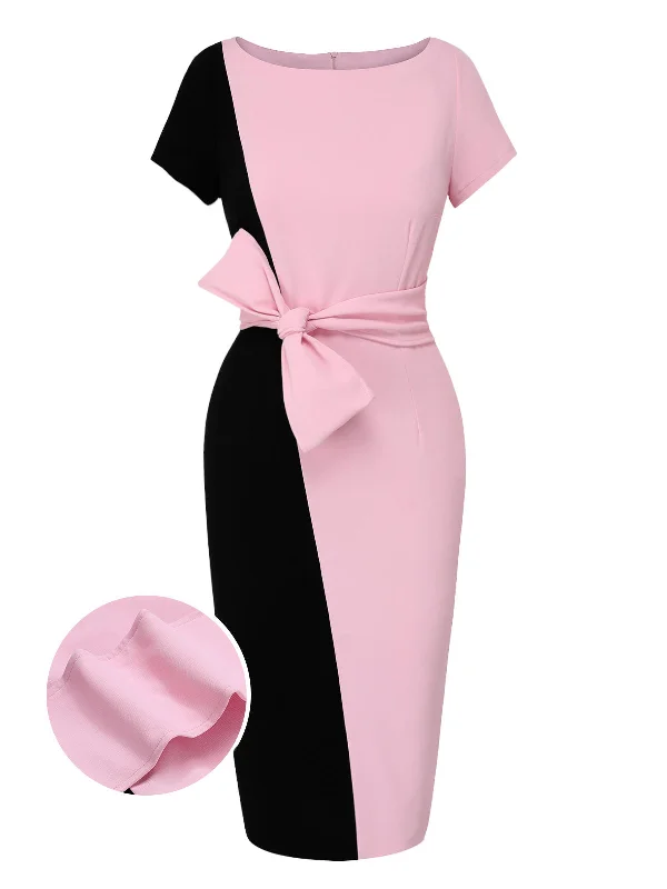 Save Like Never Before!Black & Pink 1960s Boat Neck Contrast Belted Dress
