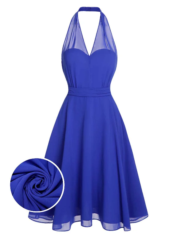 Must-Have Deals Inside!Blue 1950s Solid Chiffon Halter Dress