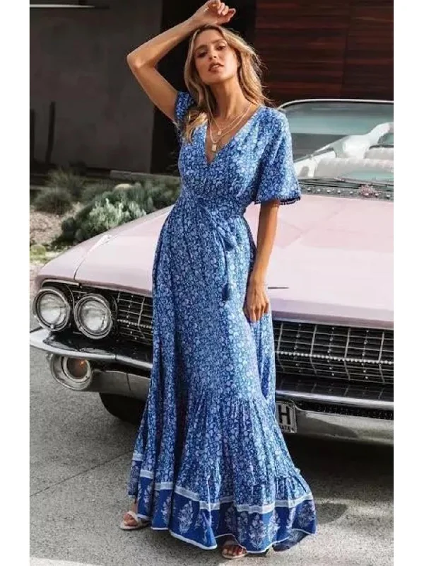 Your Favorite Items on Sale Now!Bohemian Style Maxi Dress In Blue Print