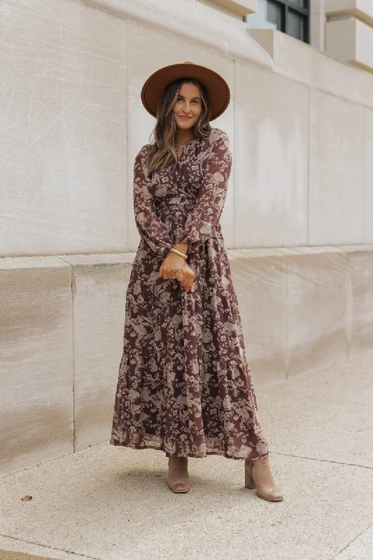Grab Yours Before It’s Too Late!Brown Floral Long Sleeve Maxi Dress