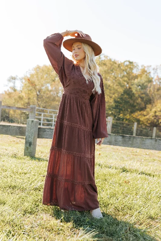 Your Exclusive Offer Awaits!Brown V Neck Embroidered Maxi Dress