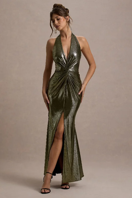 Don’t Wait – Deals Won’t Last!Carana | Gold Plunge-Neck Knotted Split Maxi Dress