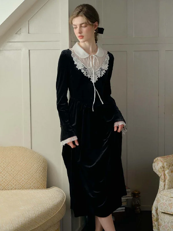 Savings You Can’t Ignore!Cora Contrast Lace Flounce Sleeve Velvet Dress-Black
