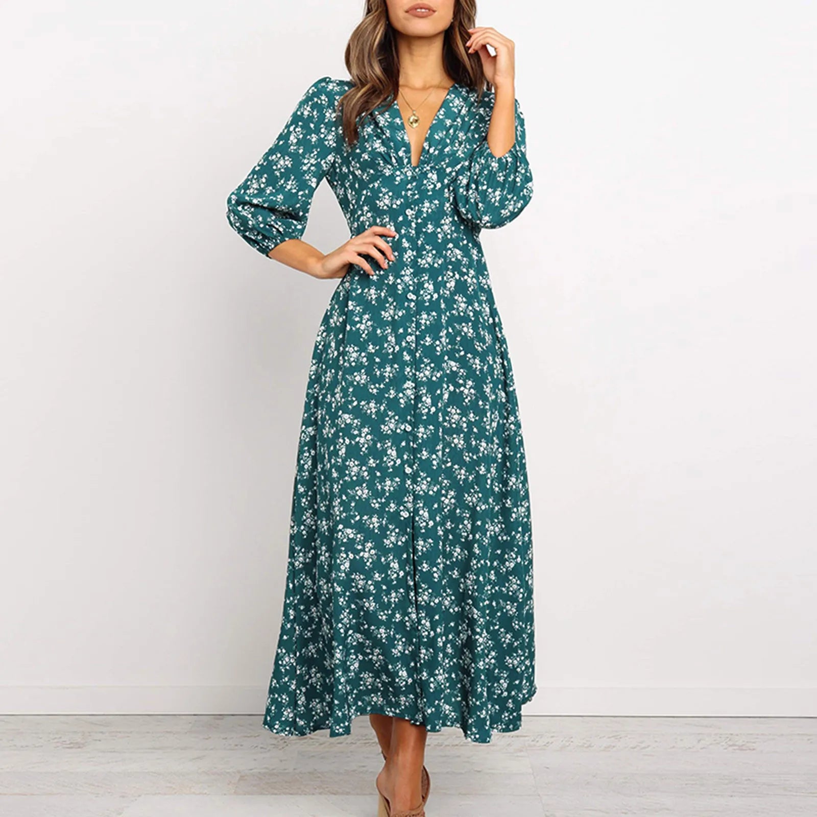 Enjoy Huge Discounts Now!Offer Liquidation V-Neck Long Sleeved High Waisted Chiffon Print Holiday Women's Boho Dress