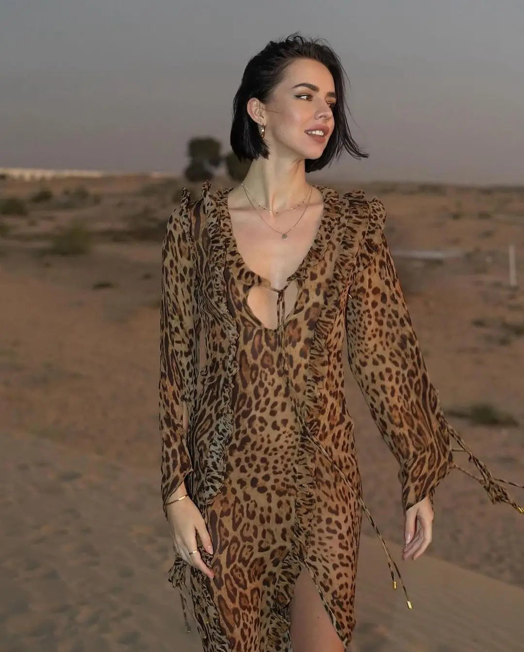Your Chance to Save is Now!Leopard Print Ruffle Split Lace Up V Neck Long Sleeve Women's Boho Dress