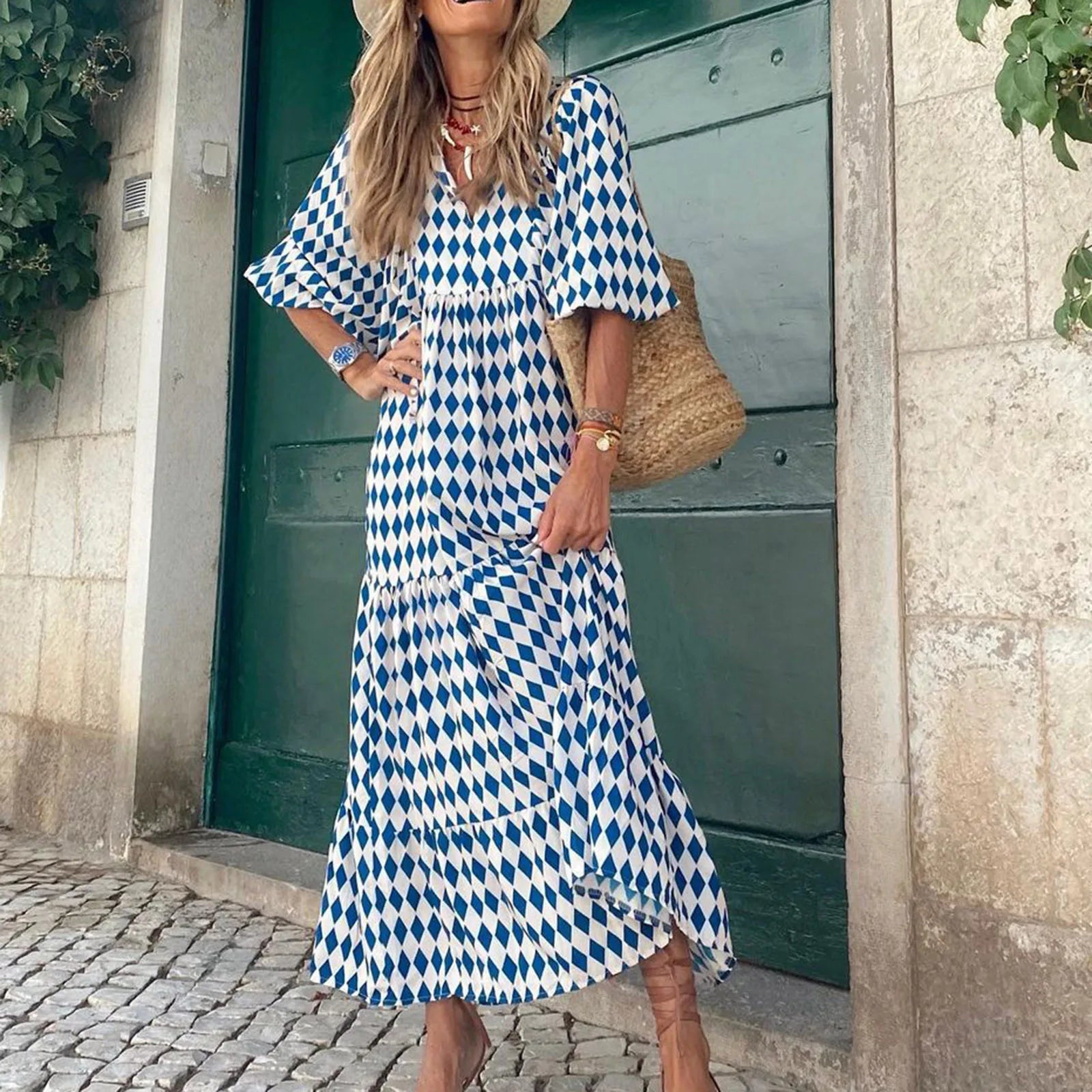 Must-Have Deals Inside!Bohemia Geometric Print Lace-up Puff Sleeves Long Women's Holiday Beach A-Line Boho Dress