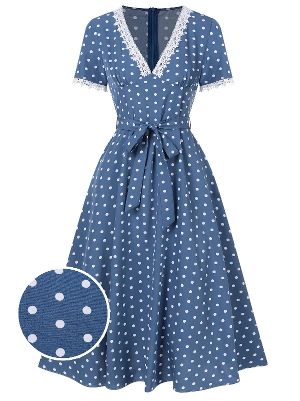 Hottest Discounts of the Year!Dark Blue 1930s V-Neck Polka Dots Belted Dress