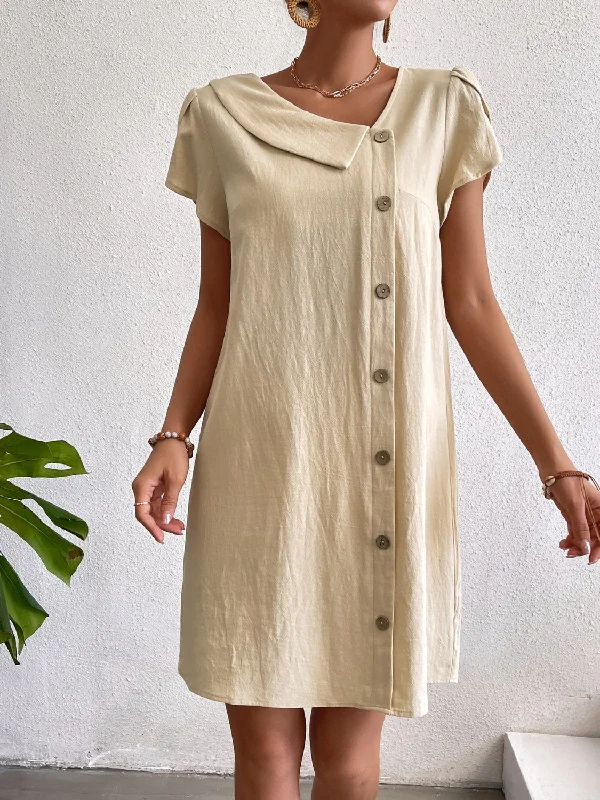 Shop Before It’s Gone!Decorative Button Asymmetrical Neck Short Sleeve Dress