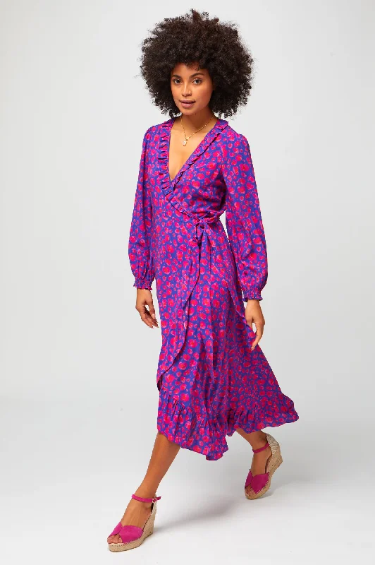 Hurry, Sale Ends Soon!Demi Long Sleeve Wrap Dress | Cheetah Blue/Pink