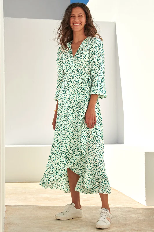 Shop Now and Save!Demi Long Sleeve Wrap Dress | Daisy Flower Cream/Verdigris