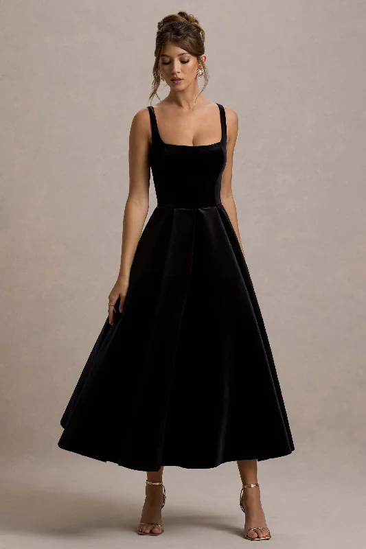 Score Huge Discounts Today!Francisca | Black Velvet Strappy Volume-Hem Maxi Dress
