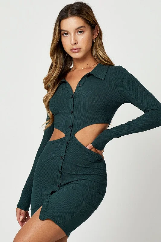 Save More When You Shop More!Green Button Front Cut Out Dress