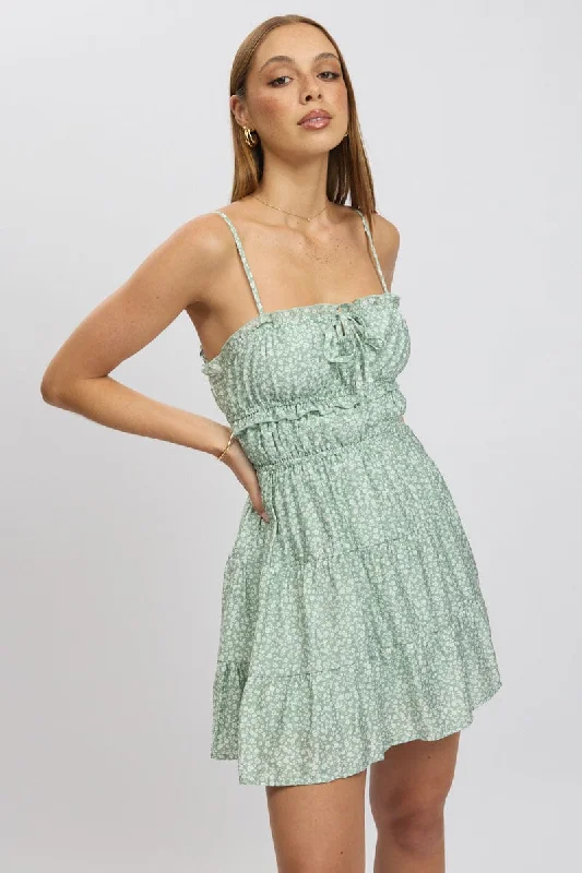 One Day Only – Huge Savings!Green Ditsy Fit And Flare Dress Cut Out