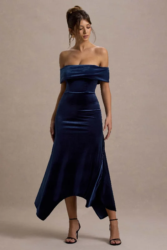 Act Fast – Limited Time Savings!Halia | Navy Velvet Bardot Maxi Dress