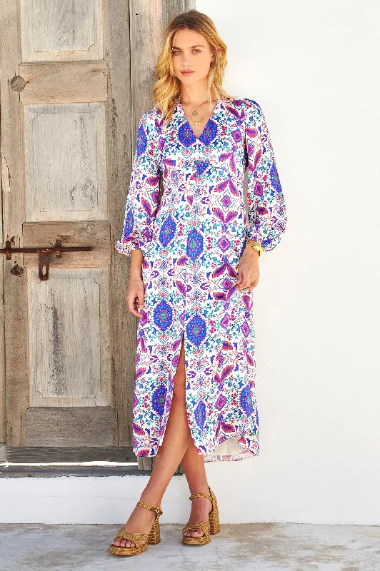 Limited Time Offer!Hannah Satin Dress | Fantasy Forest Cream/Purple