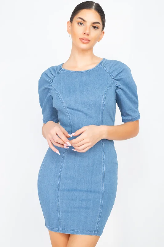 Upgrade for Less!Puff Sleeve Seamed Denim Dress