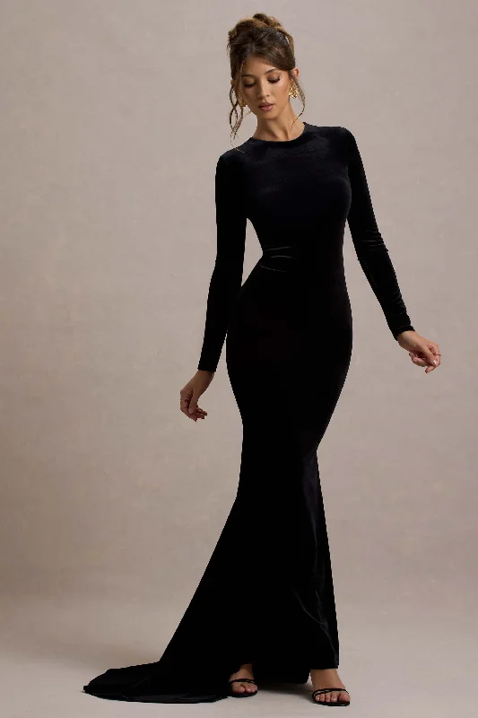 Best Price of the Season!Keaton | Black Velvet Long-Sleeve Open-Back Maxi Dress