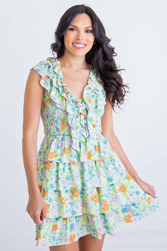 New Discounts Just Dropped!Lime Floral Vneck Tier Dress