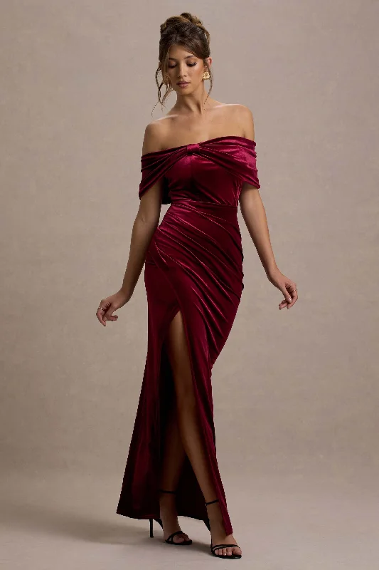 Unmissable Offers Await!Merelyn | Berry Velvet Bow Bardot Split Maxi Dress