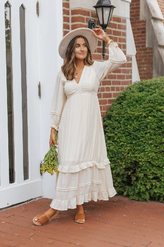 Seasonal Sale – Shop Now!Natural Lace Embroidered Tiered Maxi Dress