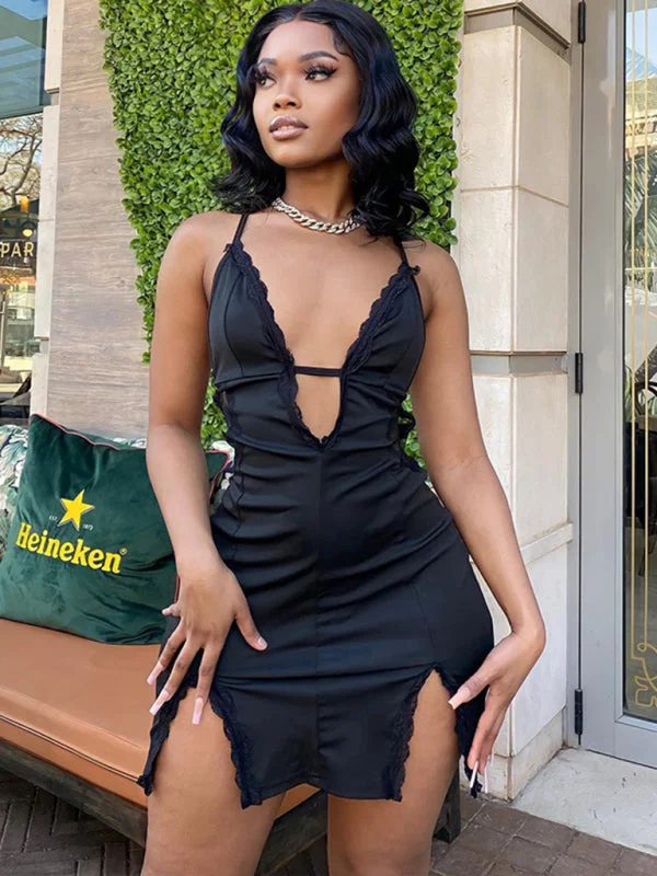 Great Deals, Just for You!New sling hollow street trendy lace splicing slit hip dress