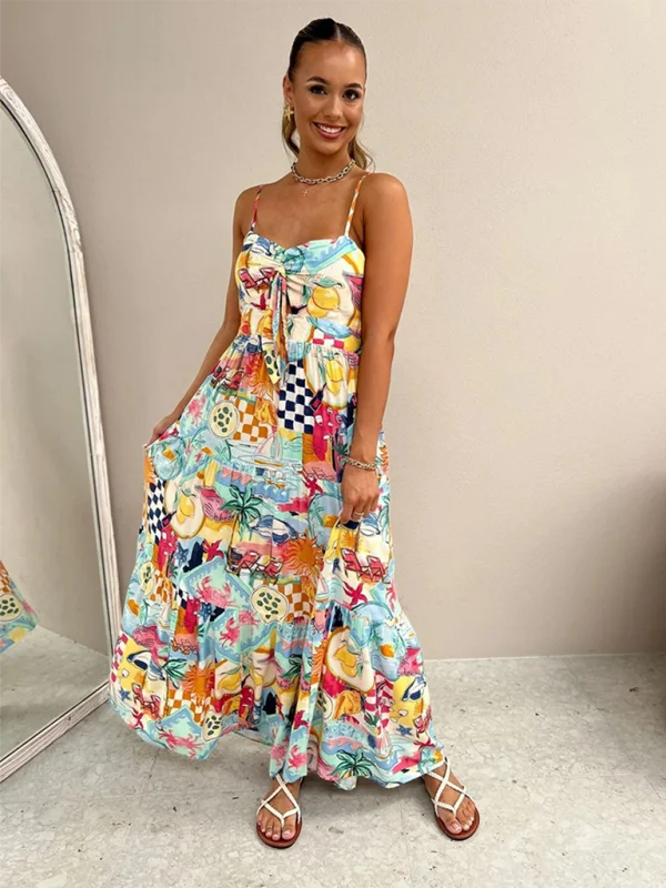 Limited Edition, Limited Price!New suspender print dress INS loose holiday casual elastic dress