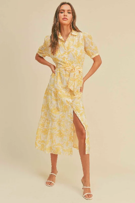 Save More Than Ever!Button closure waist belt puff sleeve dress