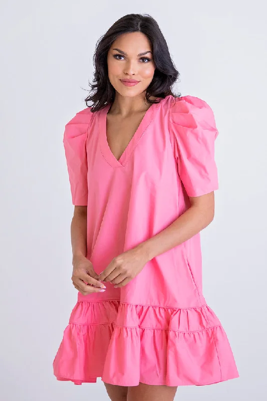 Act Fast – Limited Time Savings!Pink Poplin Vneck Puff Sleeve Dress