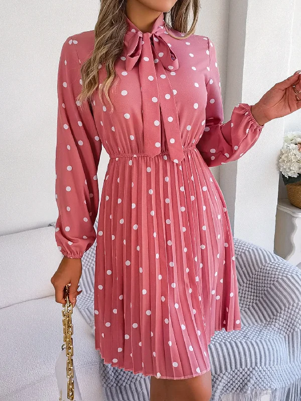 The Best Offers Are Here!Polka Dot Tie Neck Pleated Dress
