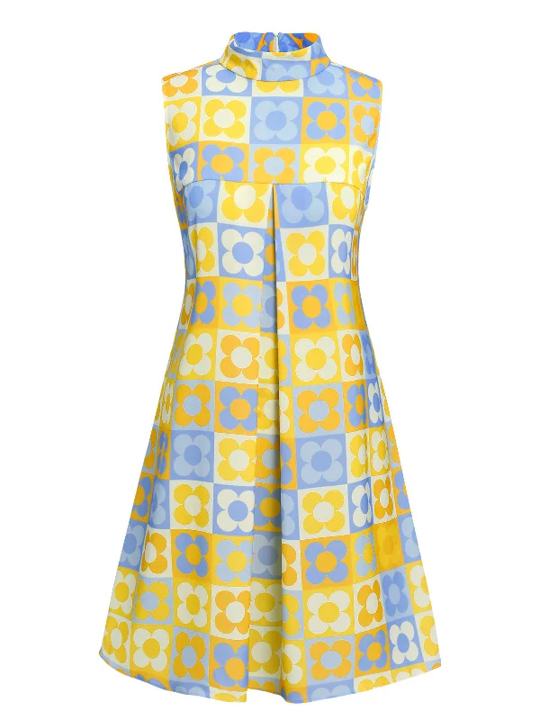Buy More, Pay Less!Yellow & Blue 1960s Floral Stand Collar Dress