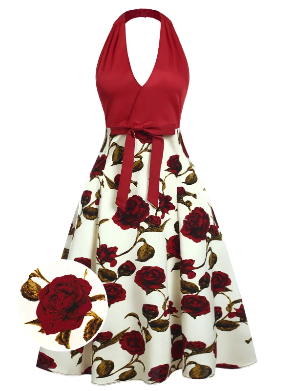 One Day Only – Huge Savings!Red 1950s Halter Roses Bow Dress
