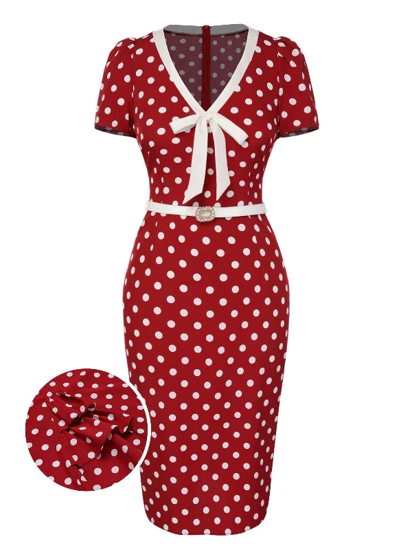 Save More with Every Purchase!Red 1960s Polka Dots Tie Neck Dress