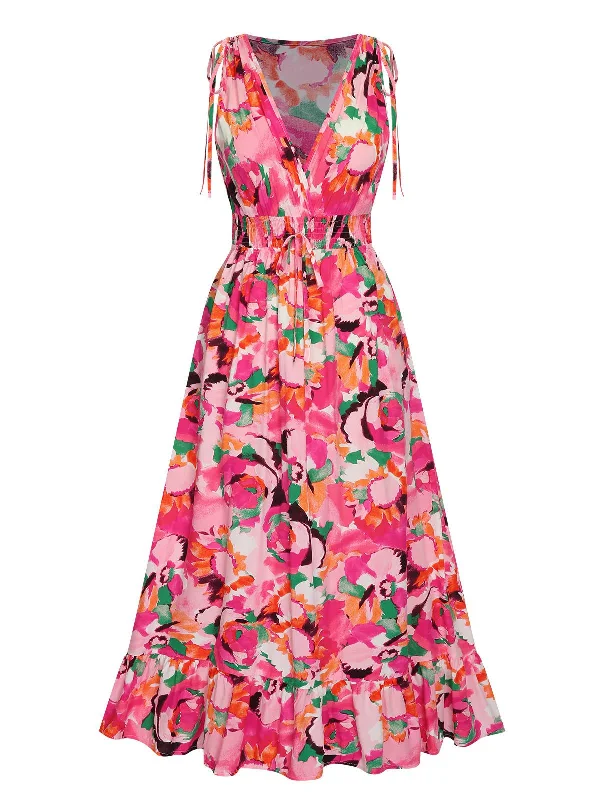 Time to Save Big!Rose Red 1940s Floral V-Neck Elastic Waist Dress