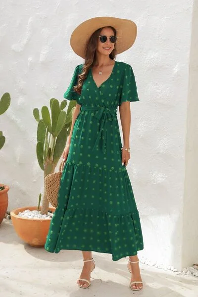 Find the Best Deals Here!Swiss Dot Tied Surplice Short Sleeve Dress