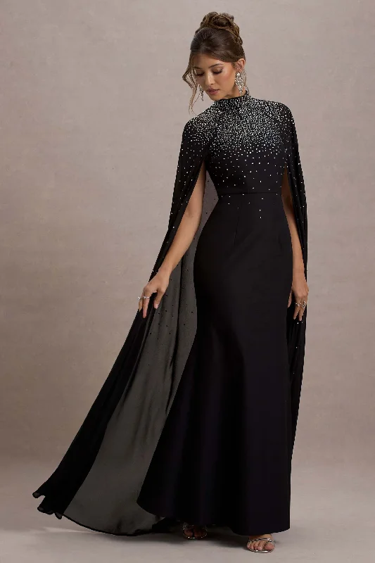 Your Shopping Spree Starts Here!The Shallows | Black Embellished High-Neck Maxi Dress With Chiffon Cape