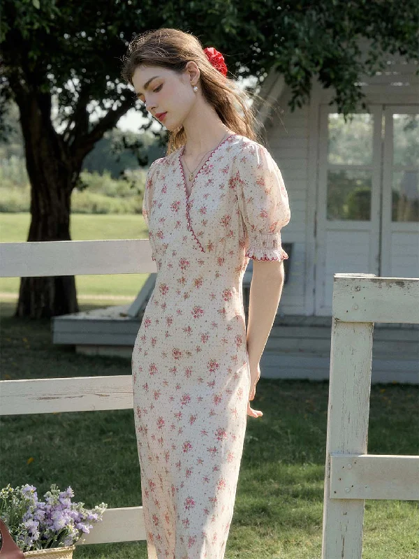 Your Exclusive Offer Awaits!Thea Rose Polka Dot Floral V-neck Puff Sleeve Dress