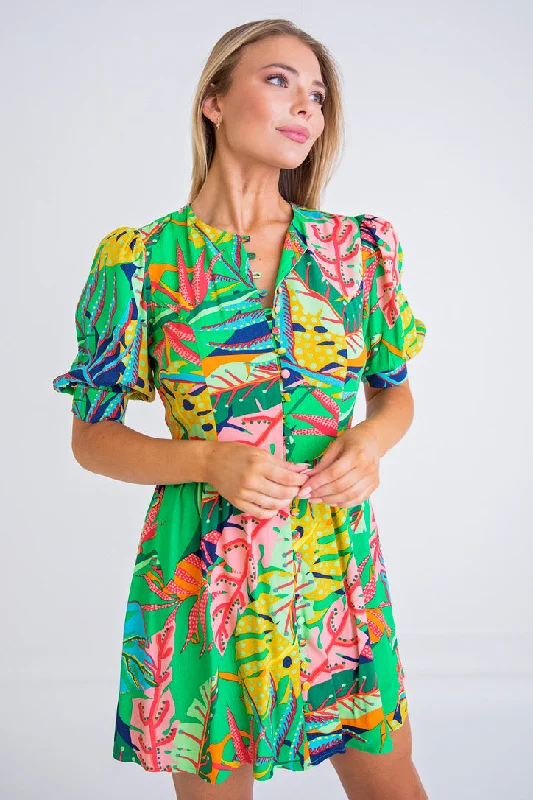 Best Deals Just for You!Tropical Puff Sleeve Button Dress