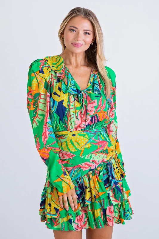 Your Shopping Spree Starts Here!Tropical Vneck Ruffle Dress