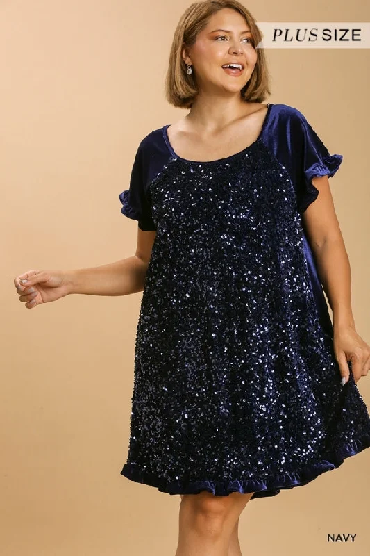 Today Only – Don’t Miss It!Velvet Sequin Short Ruffle Sleeve Dress -PLus