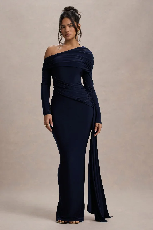 Instant Savings Await!Valina | Navy Ruched Asymmetric Maxi Dress With Drape