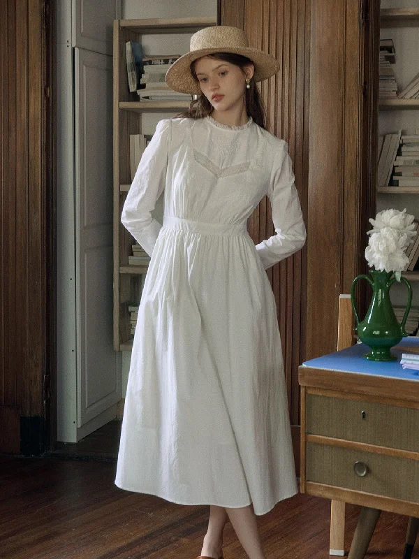 Instant Savings Await!Yara Lace Round Neck Rose Embroidery Hollow Lace Splicing Cotton Dress